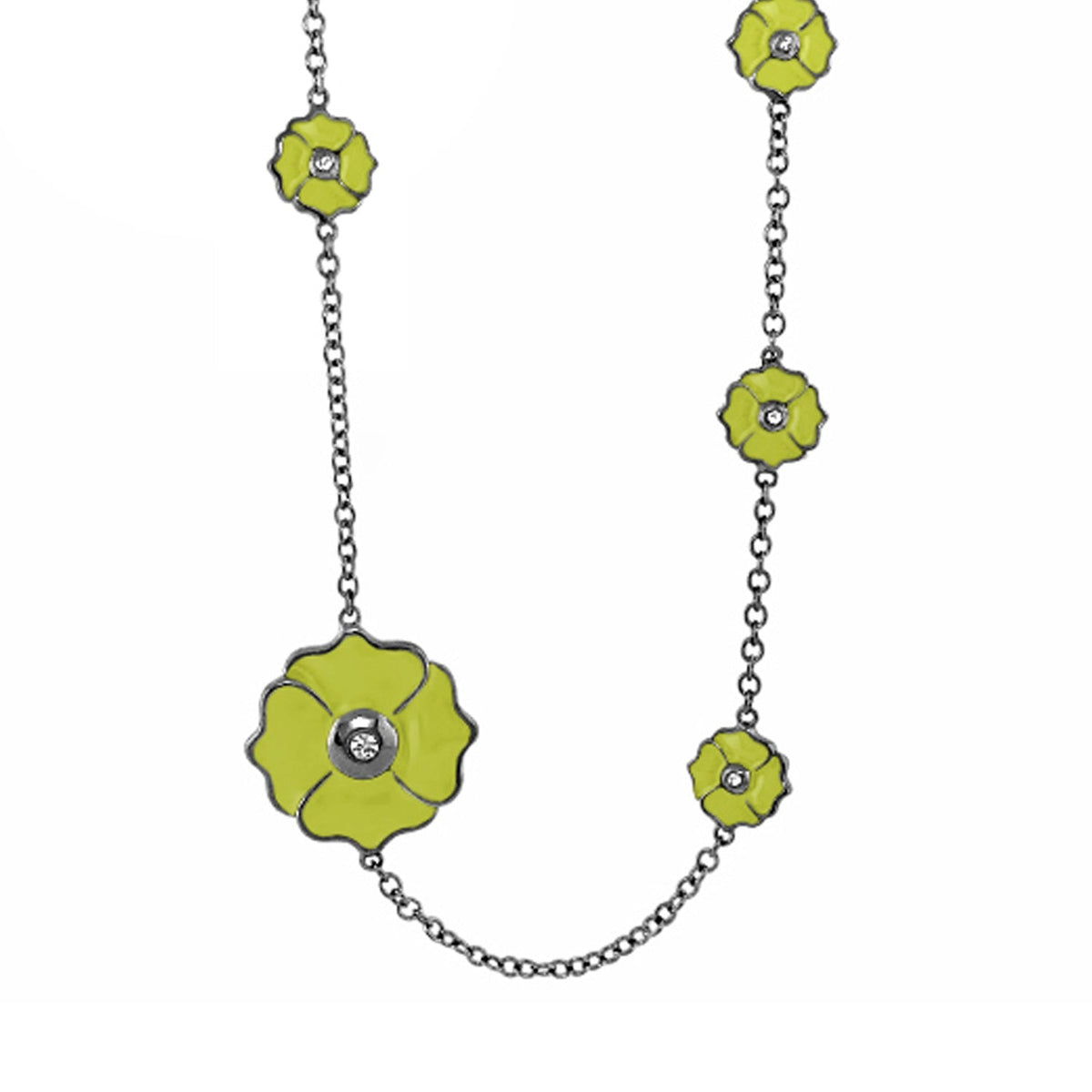 Poppy Love Long Necklace lime enamel flowers on a silver chain by Lauren G Adams on Tampa Home & Garden Store