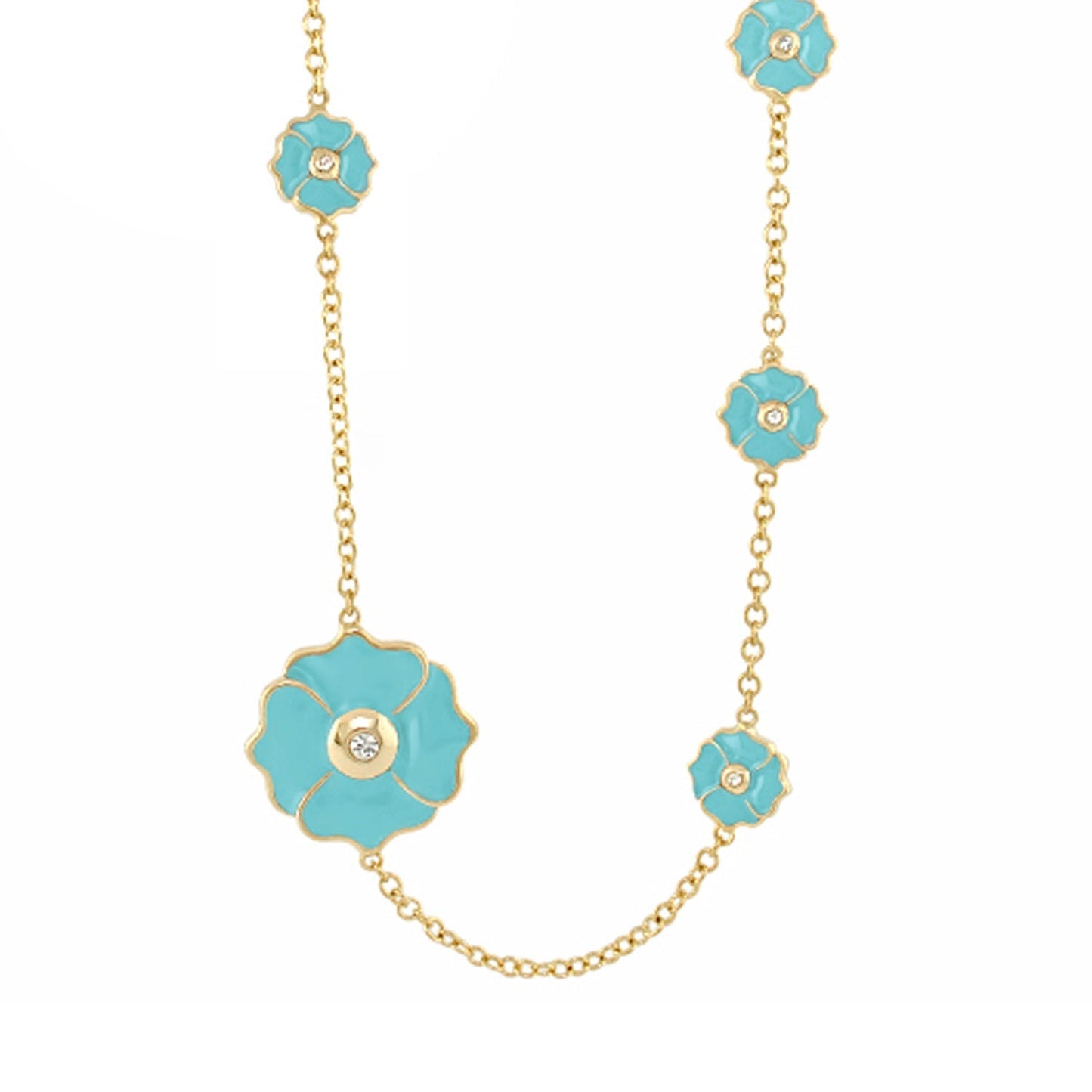 Poppy Love Long Necklace turquoise enamel poppy flowers on a gold chain by Lauren G Adams on Tampa Home & Garden Store