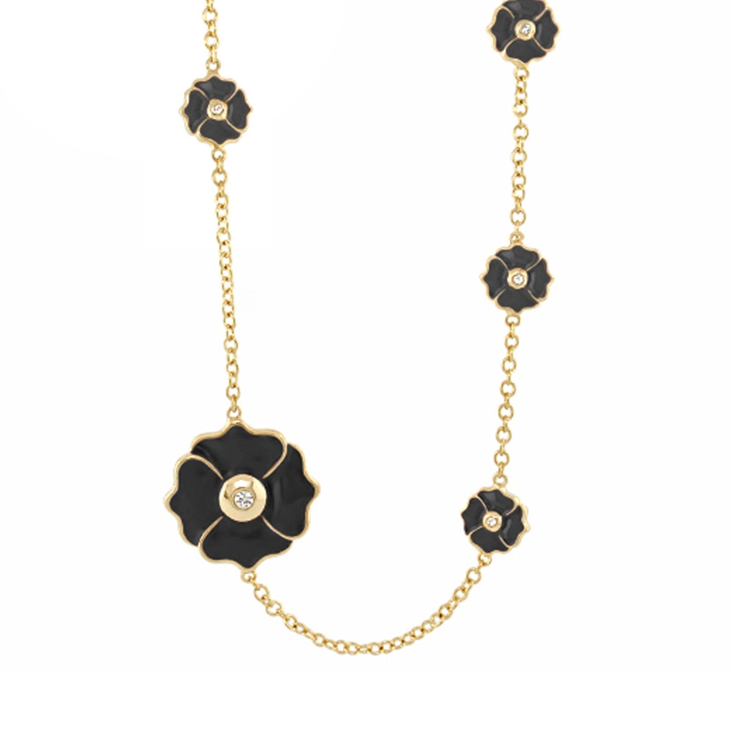Poppy Love long necklace by Lauren G Adams with gold chain and black enamel poppy blooms on Tampa Home & Garden Store
