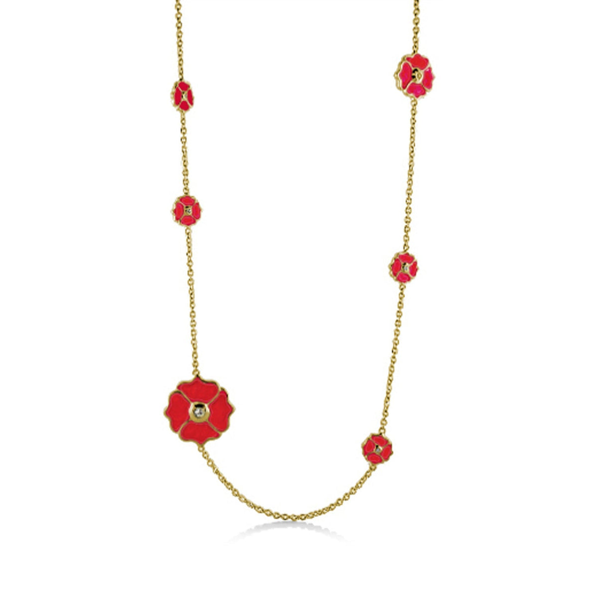 Poppy Love Long Necklace by Lauren G Adams — gold-tone chain with red enamel poppy charms on Tampa Home & Garden Store