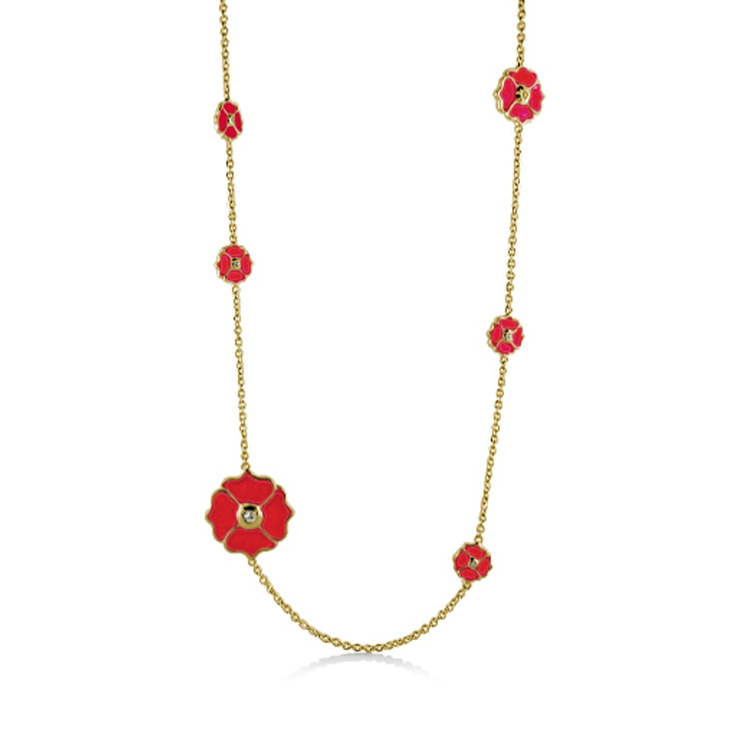 Poppy Love Long Necklace by Lauren G Adams — gold-tone chain with red enamel poppy charms on Tampa Home & Garden Store