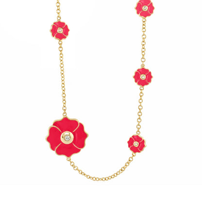 Poppy Love Long Necklace by Lauren G Adams, gold-tone chain with red enamel poppies on Tampa Home & Garden Store
