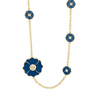 Poppy Love Long Necklace by Lauren G Adams, blue enamel floral charms on gold chain on Tampa Home & Garden Store