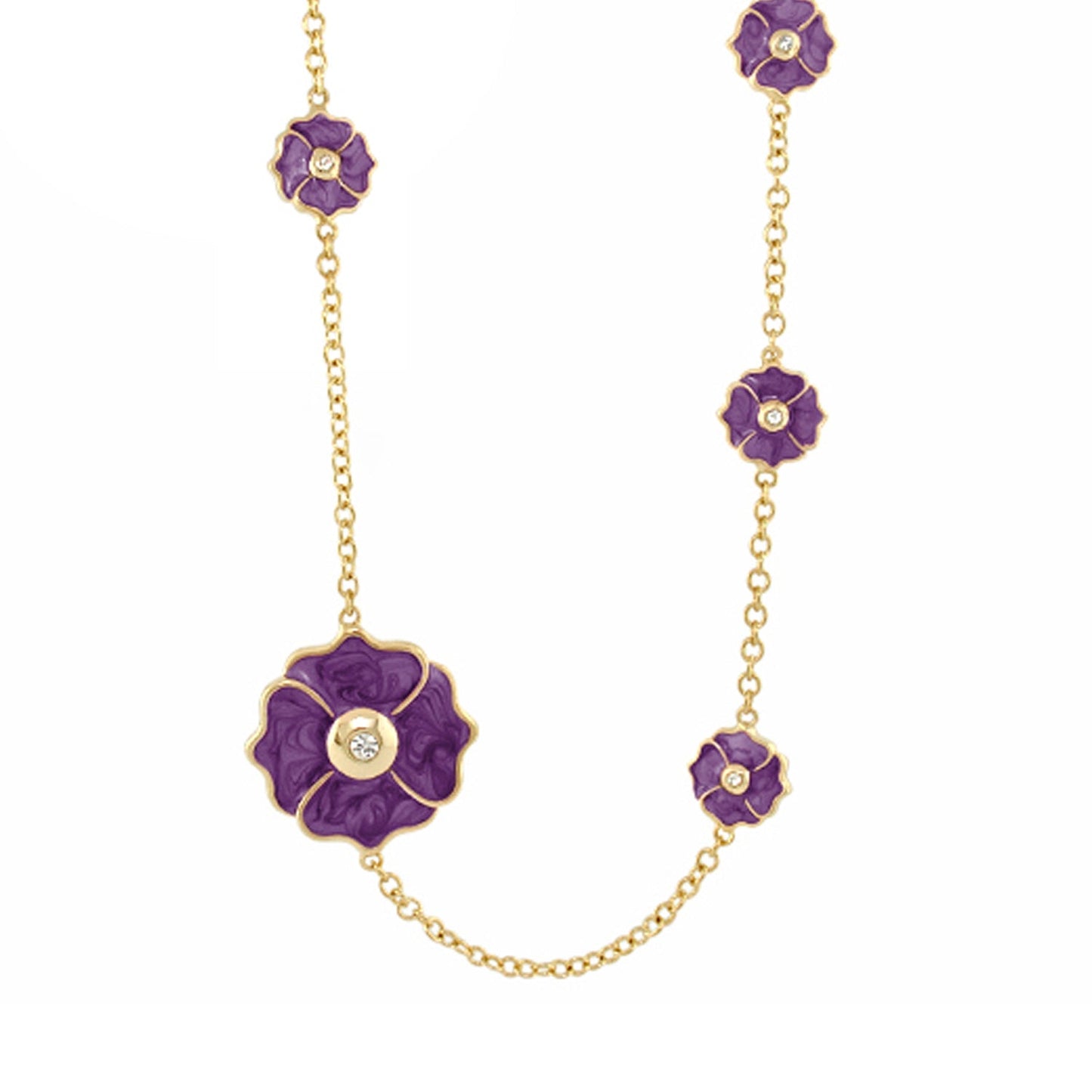 Poppy Love Long Necklace by Lauren G Adams, purple enamel flowers on gold chain with crystals on Tampa Home & Garden Store