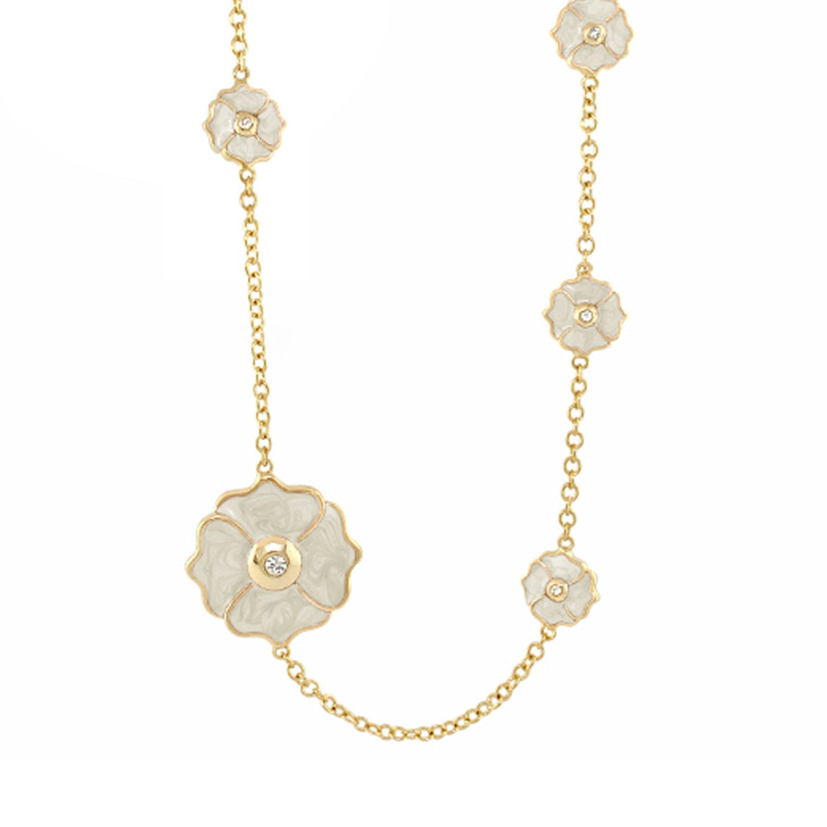 Poppy Love Long Necklace gold-tone chain with enamel poppy flowers and crystal centers on Tampa Home & Garden Store