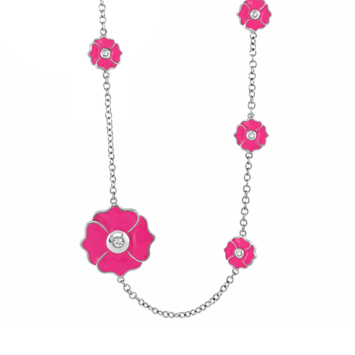 Poppy Love Long Necklace by Lauren G Adams featuring pink poppy flower charms on a silver chain on Tampa Home & Garden Store