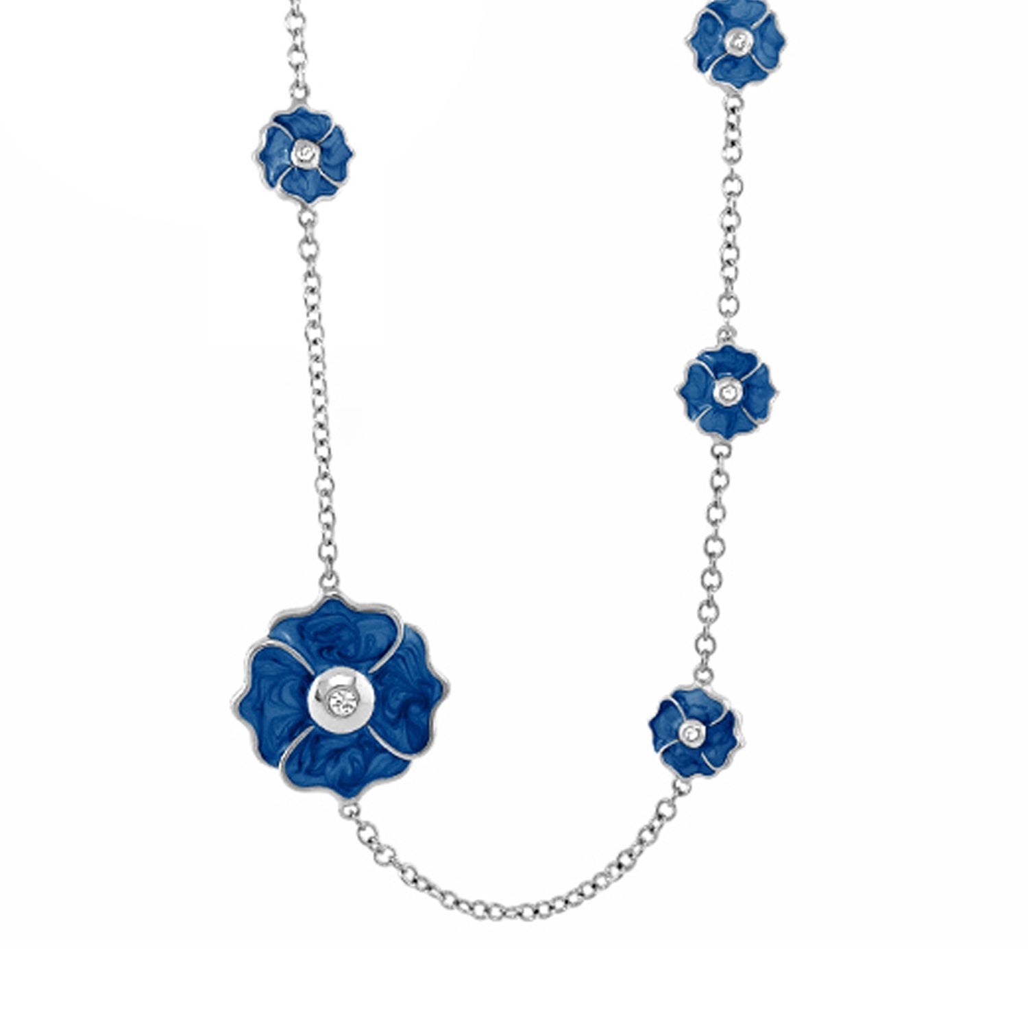 Poppy Love Long Necklace with blue enamel poppy flowers along a silver chain by Lauren G Adams on Tampa Home & Garden Store