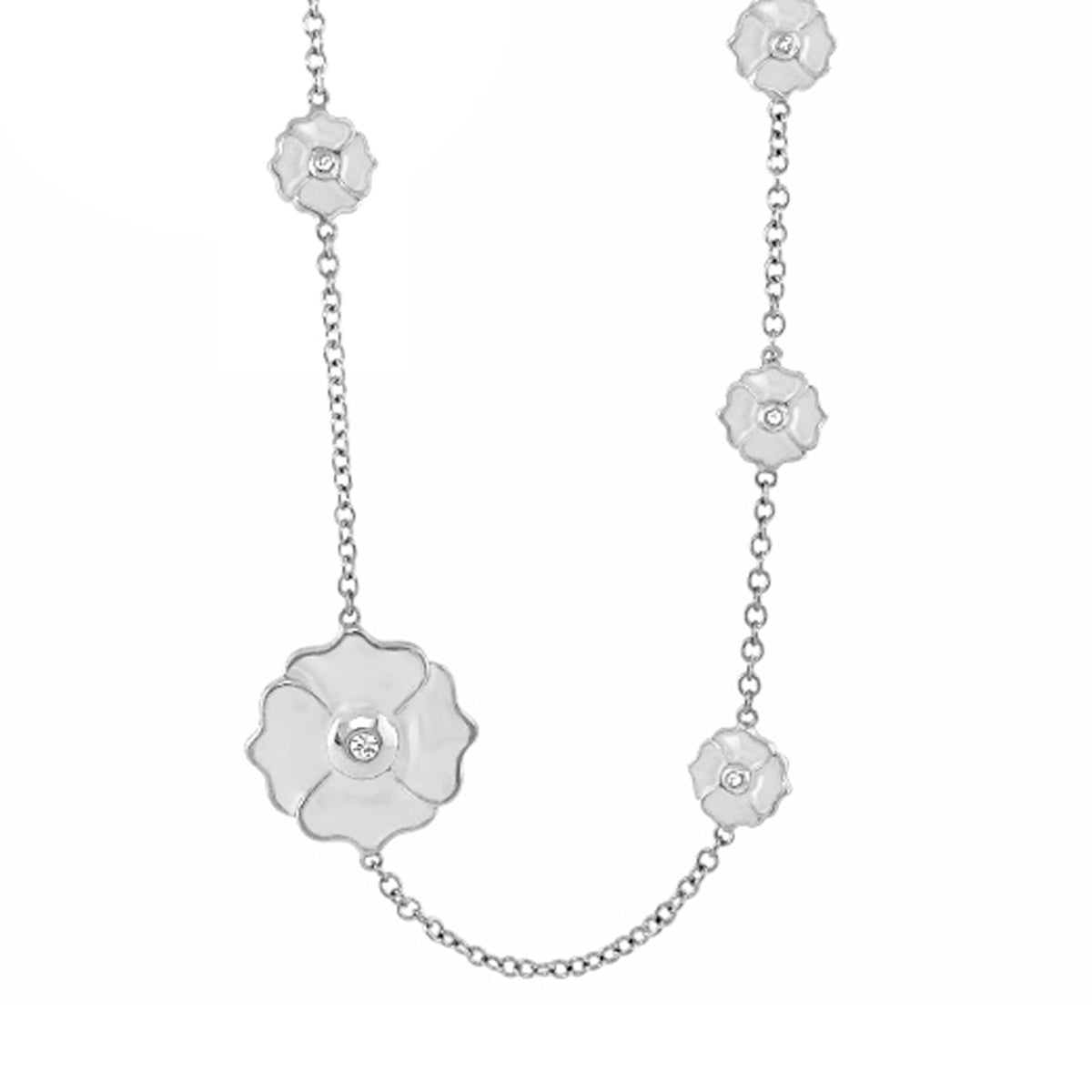 Poppy Love Long Necklace by Lauren G Adams with silver-tone chain and a large floral pendant on Tampa Home & Garden Store
