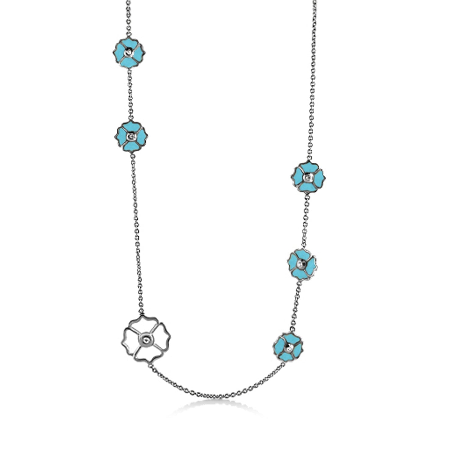 Poppy Love Long Necklace by Lauren G Adams with turquoise flower charms on a silver chain on Tampa Home & Garden Store