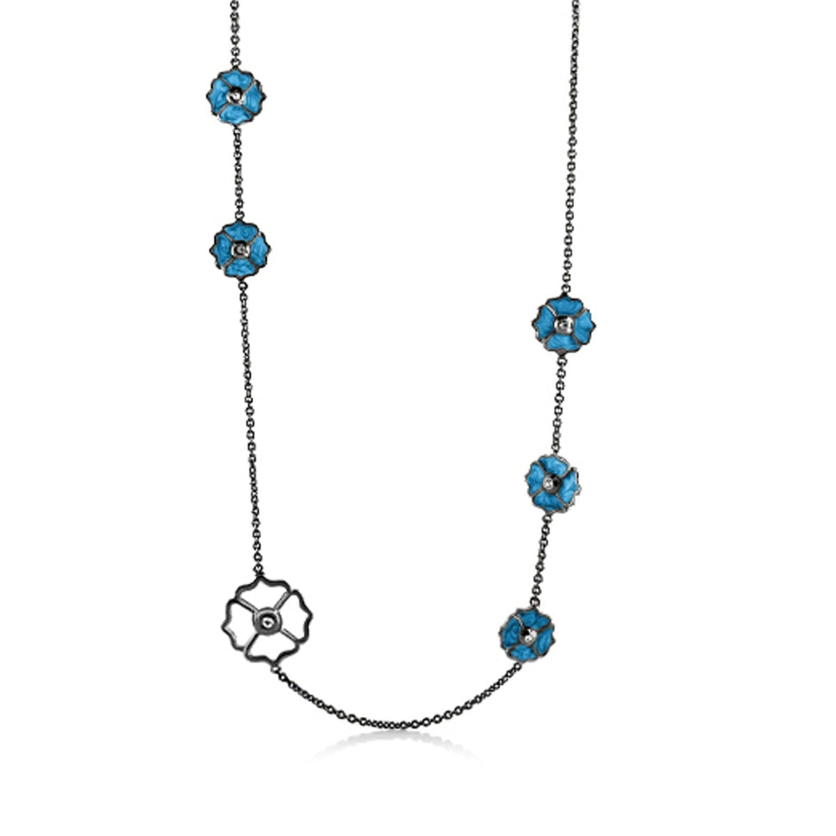 Poppy Love Long Necklace by Lauren G Adams with blue flower charms on a silver-tone chain on Tampa Home & Garden Store