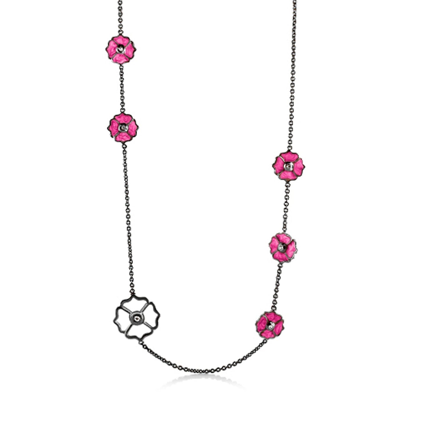 Poppy Love Long Necklace by Lauren G Adams with pink enamel poppy charms on a silver chain and a white floral pendant on Tampa Home & Garden Store