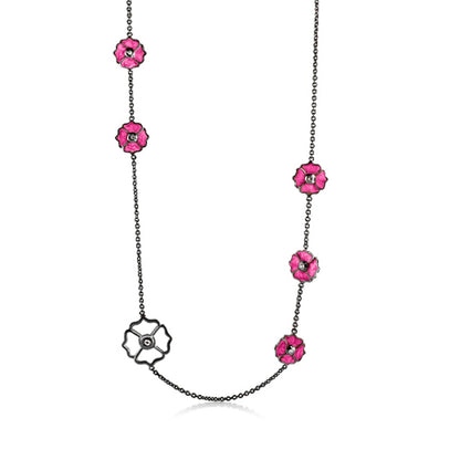 Poppy Love Long Necklace by Lauren G Adams with pink enamel poppy charms on a silver chain and a white floral pendant on Tampa Home & Garden Store