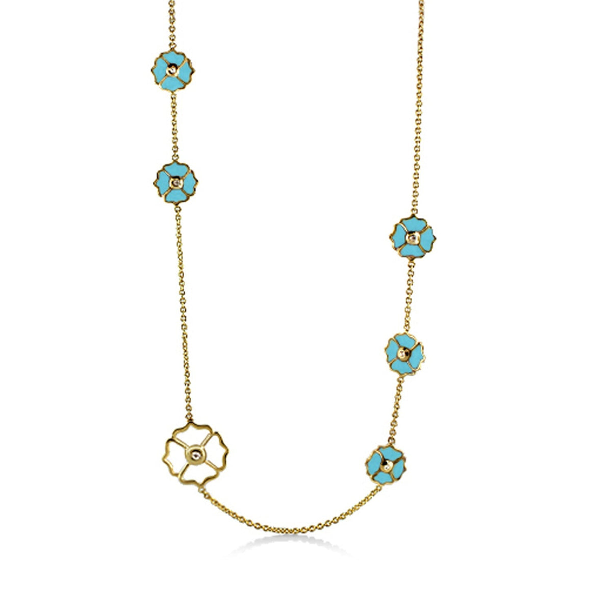 Poppy Love Long Necklace; gold chain with teal enamel flower charms along length on Tampa Home & Garden Store