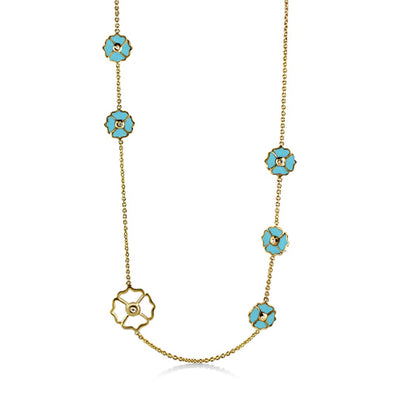 Poppy Love Long Necklace; gold chain with teal enamel flower charms along length on Tampa Home & Garden Store