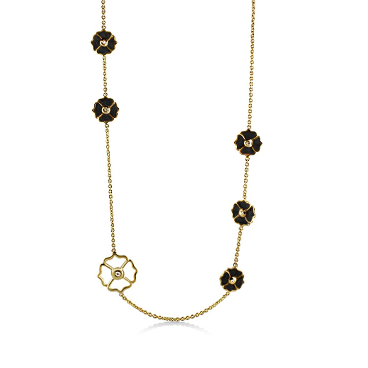 Poppy Love Long Necklace by Lauren G Adams: gold-tone chain with black enamel poppy charms on Tampa Home & Garden Store
