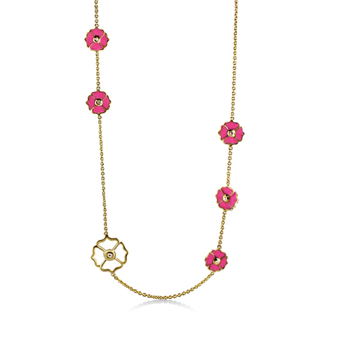 Poppy Love Long Necklace by Lauren G Adams with pink enamel flower charms along a gold chain on Tampa Home & Garden Store