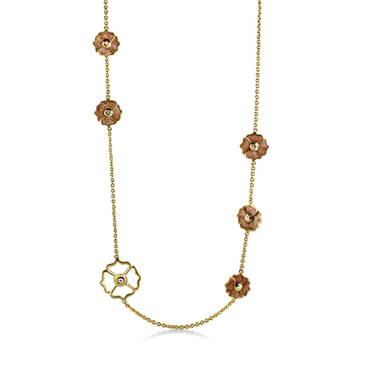 Poppy Love Long Necklace gold-tone chain with pink flower charms by Lauren G Adams on Tampa Home & Garden Store