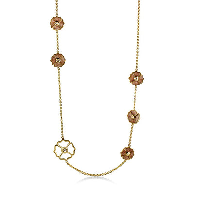 Poppy Love Long Necklace gold-tone chain with pink flower charms by Lauren G Adams on Tampa Home & Garden Store