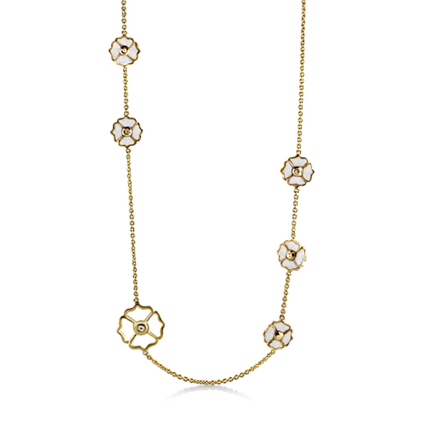 Poppy Love Long Necklace by Lauren G Adams, gold chain with white enamel flower charms on Tampa Home & Garden Store