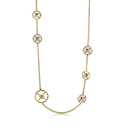 Poppy Love Long Necklace by Lauren G Adams, gold chain with white enamel flower charms on Tampa Home & Garden Store