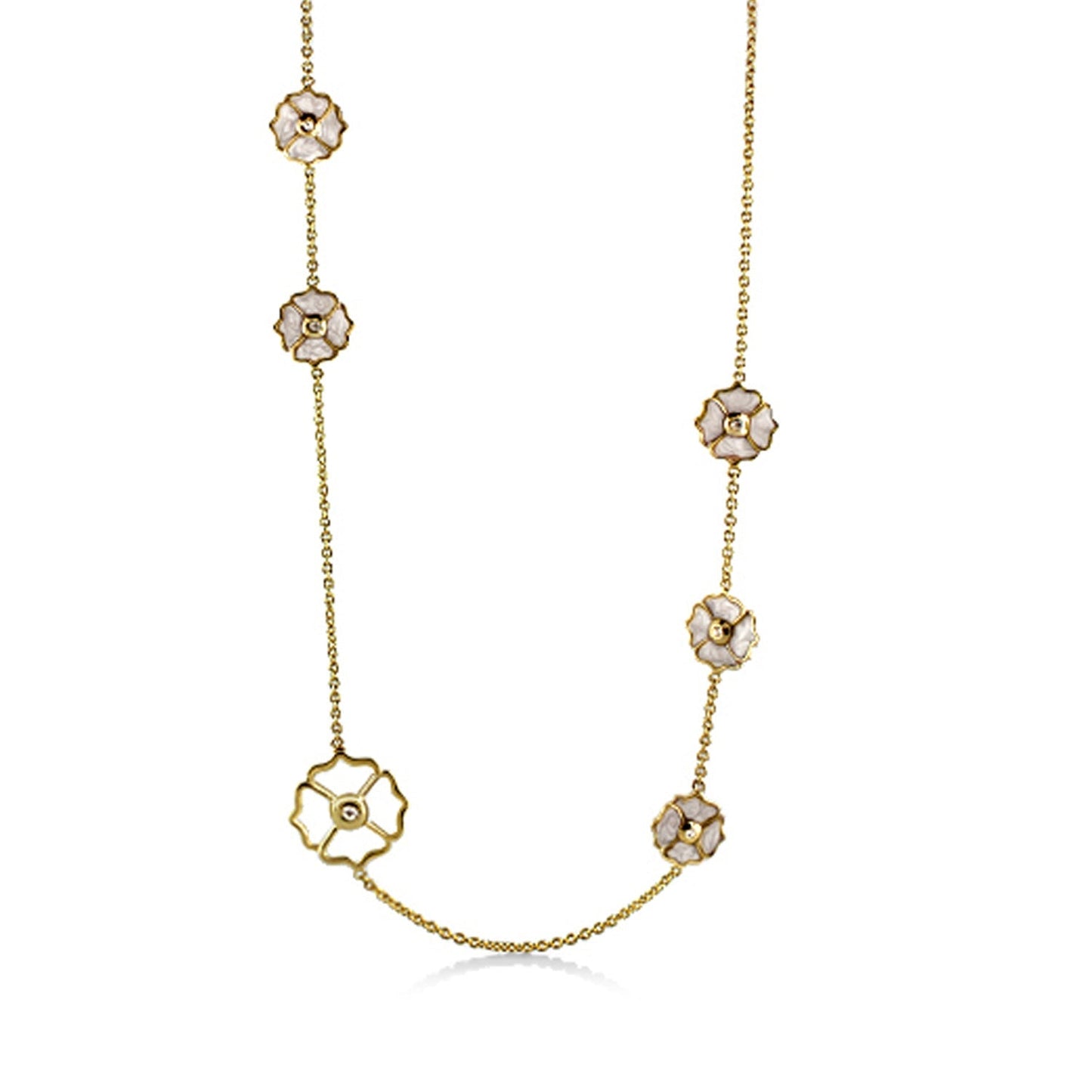 Poppy Love Long Necklace by Lauren G Adams, gold chain with white enamel poppy flowers on Tampa Home & Garden Store