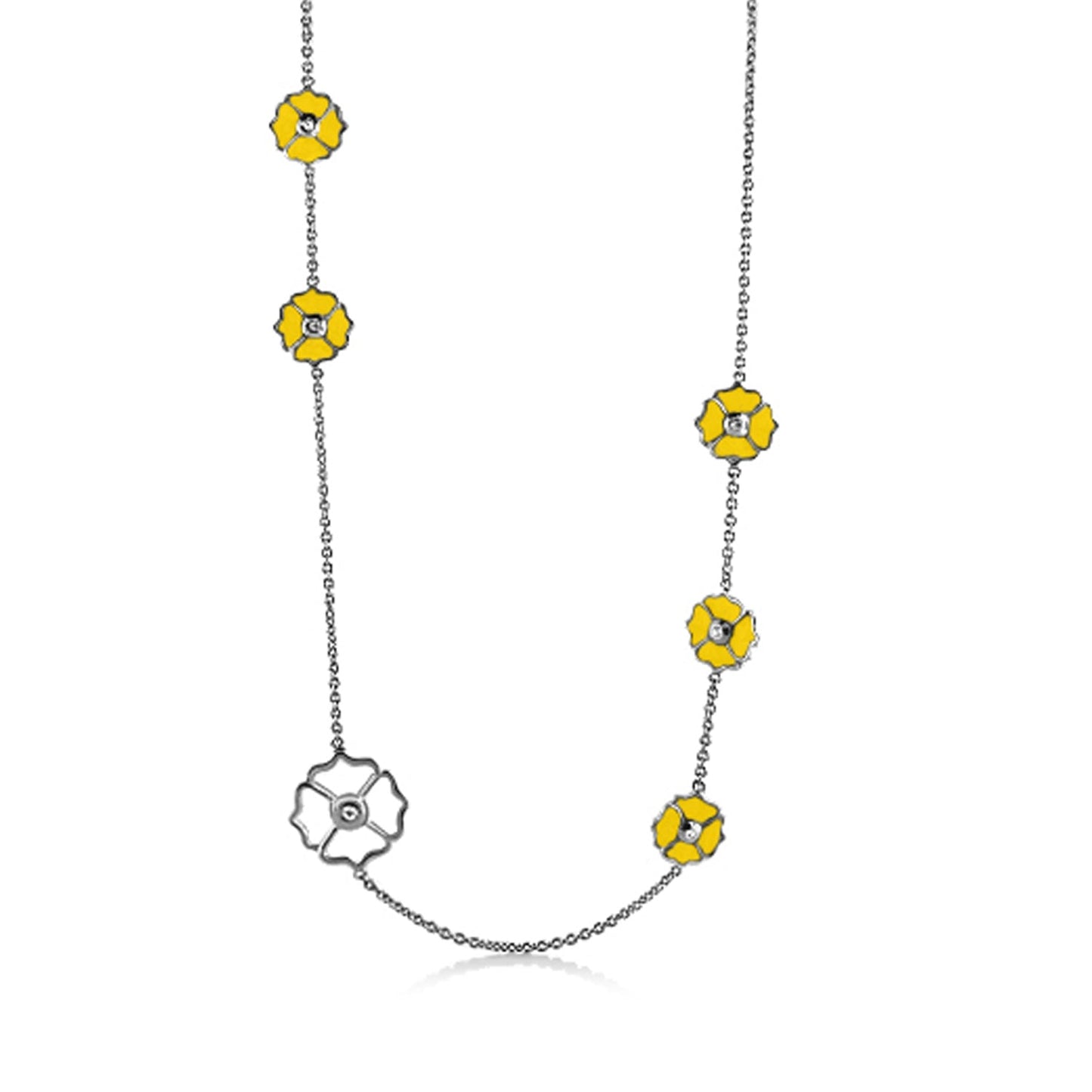 Poppy Love Long Necklace with yellow poppy charms along a silver chain by Lauren G Adams on Tampa Home & Garden Store