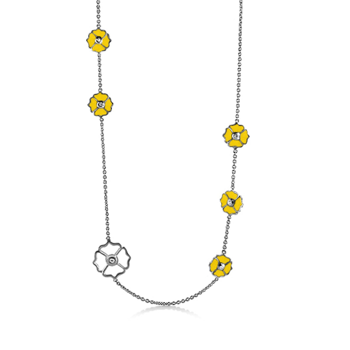 Poppy Love Long Necklace with yellow poppy charms along a silver chain by Lauren G Adams on Tampa Home & Garden Store