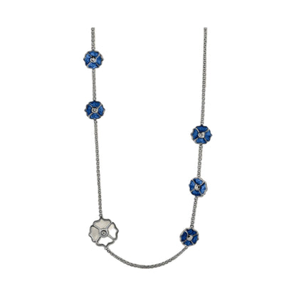 Poppy Love Long Necklace by Lauren G Adams, silver chain with blue enamel poppy charms on Tampa Home & Garden Store