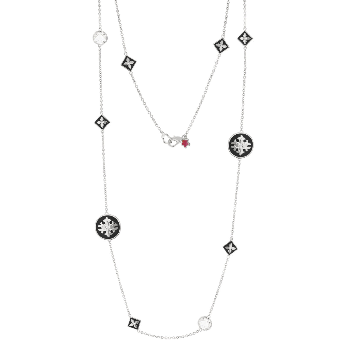 Mandarine Oriental Long Necklace by Lauren G Adams with black enamel charms on silver chain on Tampa Home & Garden Store