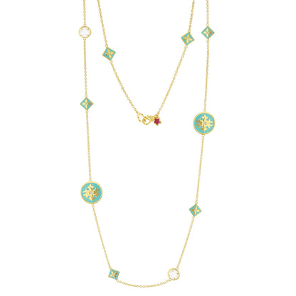 Mandarine Oriental long necklace gold tone with turquoise enamel square charms and pendant on Tampa Home & Garden Store