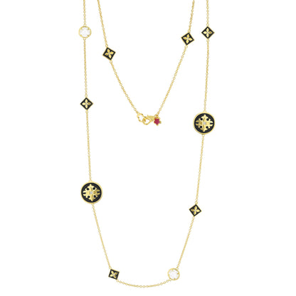 Mandarine Oriental Necklace long gold chain with black enamel square charms and crystal pendant on Tampa Home & Garden Store