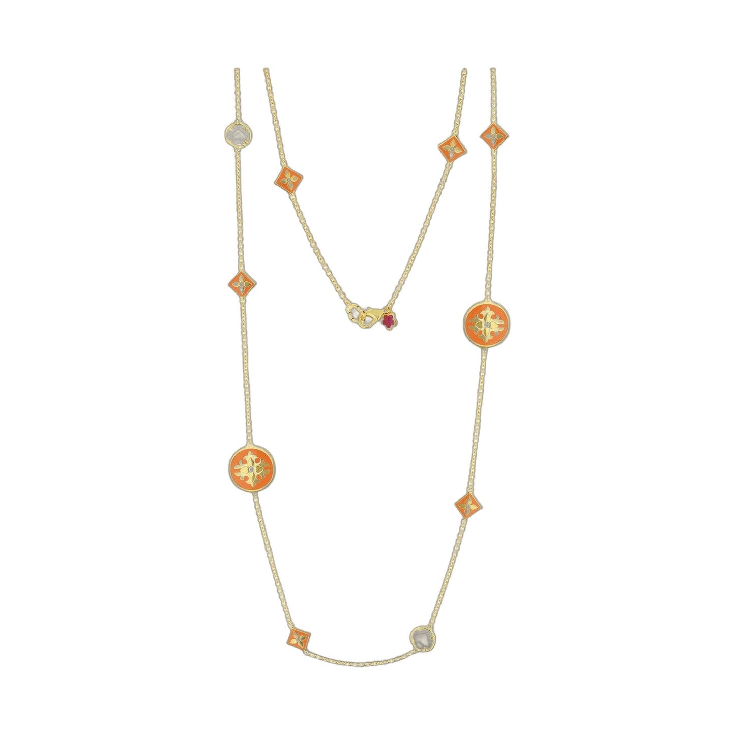 Mandarine Oriental Necklace by Lauren G Adams, long gold chain with orange enamel square charms on Tampa Home & Garden Store