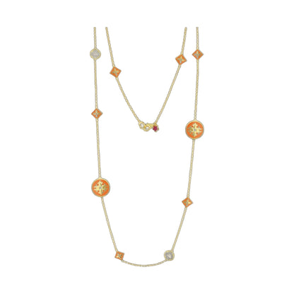 Mandarine Oriental Necklace by Lauren G Adams, long gold chain with orange enamel square charms on Tampa Home & Garden Store