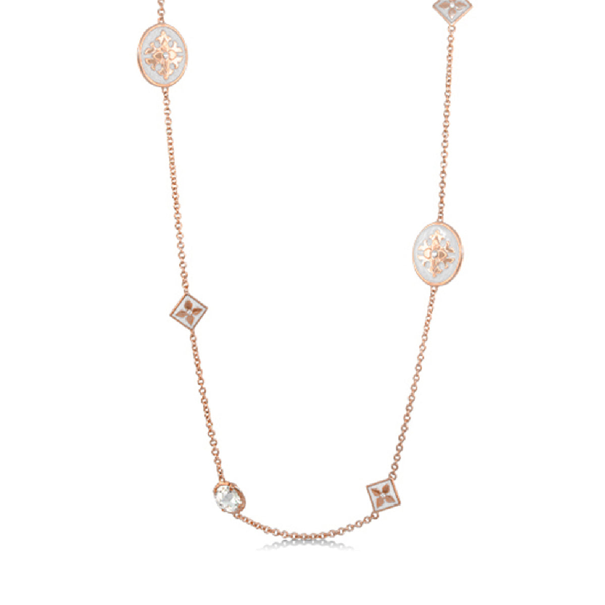Mandarine Oriental long necklace in rose gold with pale blue enamel oval motifs on Tampa Home & Garden Store