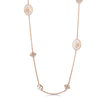 Mandarine Oriental long necklace in rose gold with pale blue enamel oval motifs on Tampa Home & Garden Store