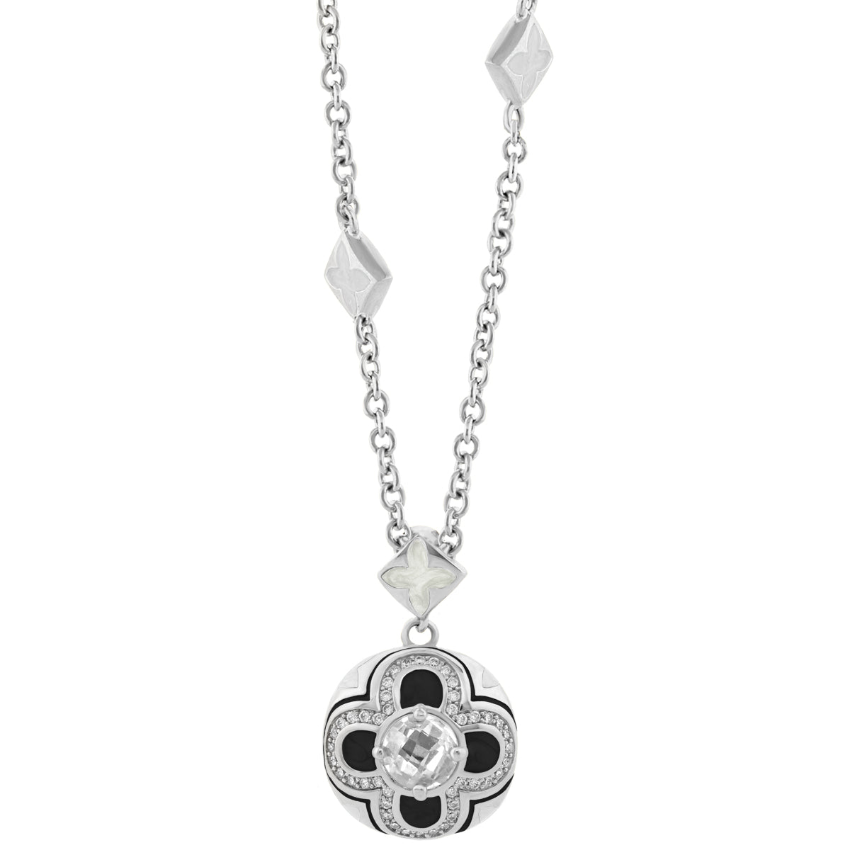 Floral Knight Necklace pendant in silver with black enamel petals and central crystal on Tampa Home & Garden Store