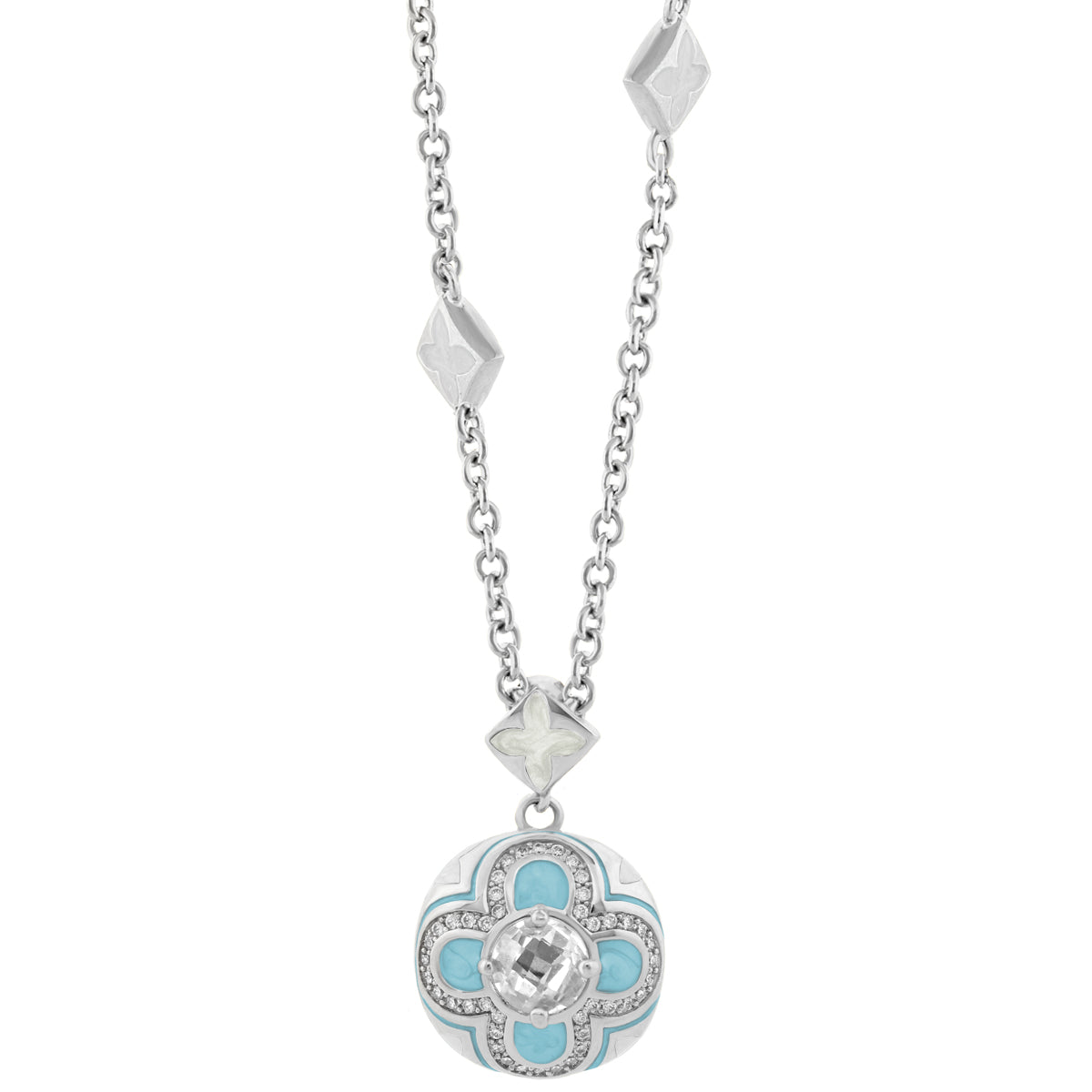 Floral Knight Necklace pendant by Lauren G Adams in silver tone with turquoise enamel petals on Tampa Home & Garden Store
