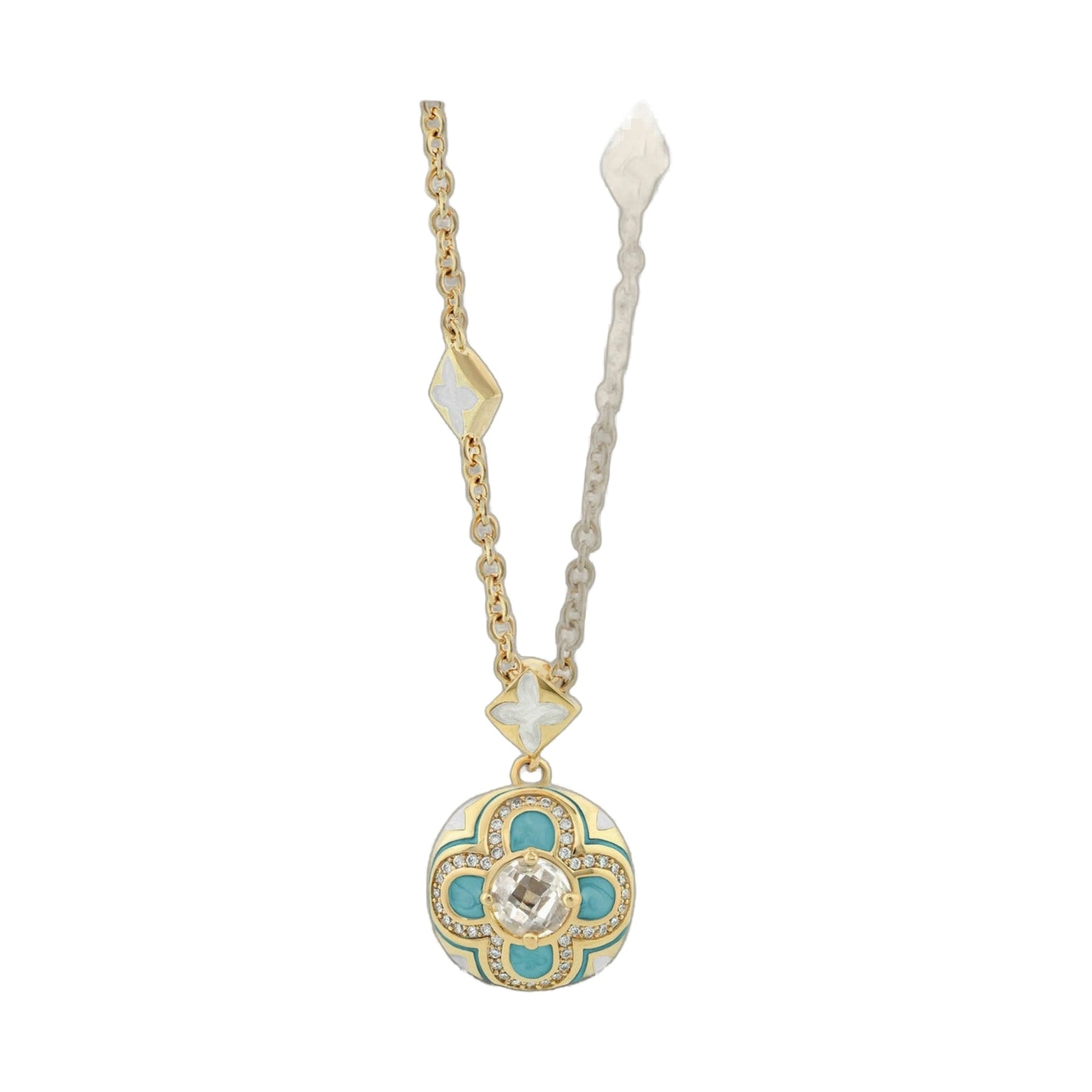 Floral Knight Necklace pendant on gold chain with turquoise enamel locket and diamonds on Tampa Home & Garden Store