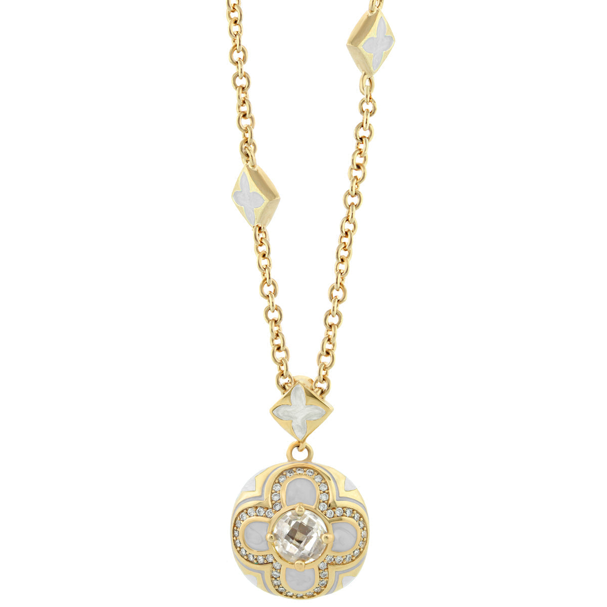 Floral Knight Necklace pendant in gold with white enamel clover accents and crystal centerpiece on Tampa Home & Garden Store
