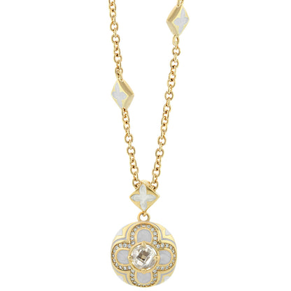 Floral Knight Necklace pendant in gold with white enamel clover accents and crystal centerpiece on Tampa Home & Garden Store