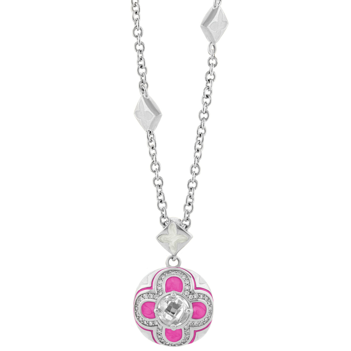 Floral Knight Necklace pendant with pink enamel petals and clear gem, silver-tone chain on Tampa Home & Garden Store