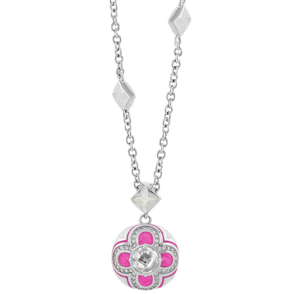 Floral Knight Necklace pendant with pink enamel petals and clear gem, silver-tone chain on Tampa Home & Garden Store