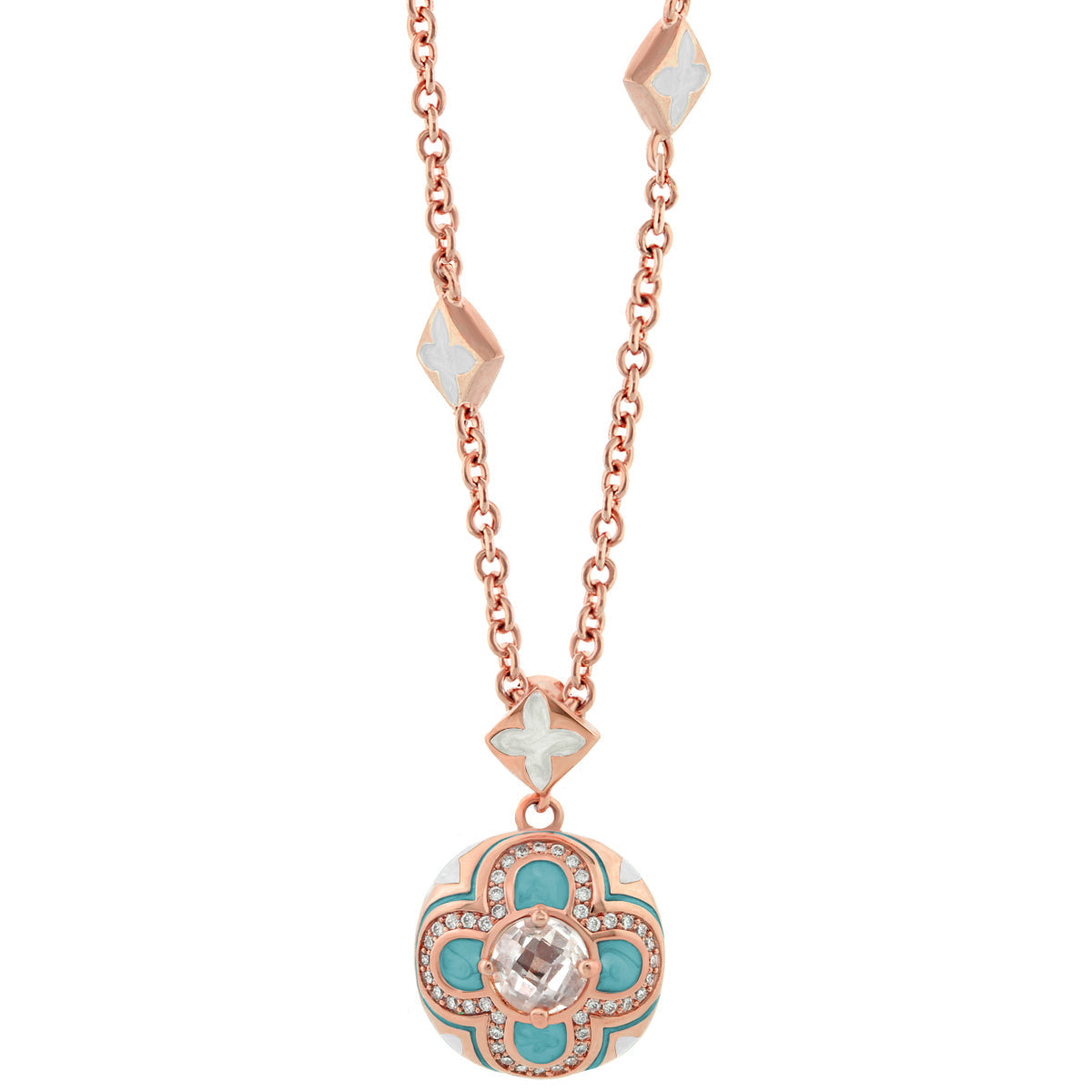 Floral Knight Necklace pendant, rose gold chain with turquoise enamel petals and crystal pavé center on Tampa Home & Garden Store