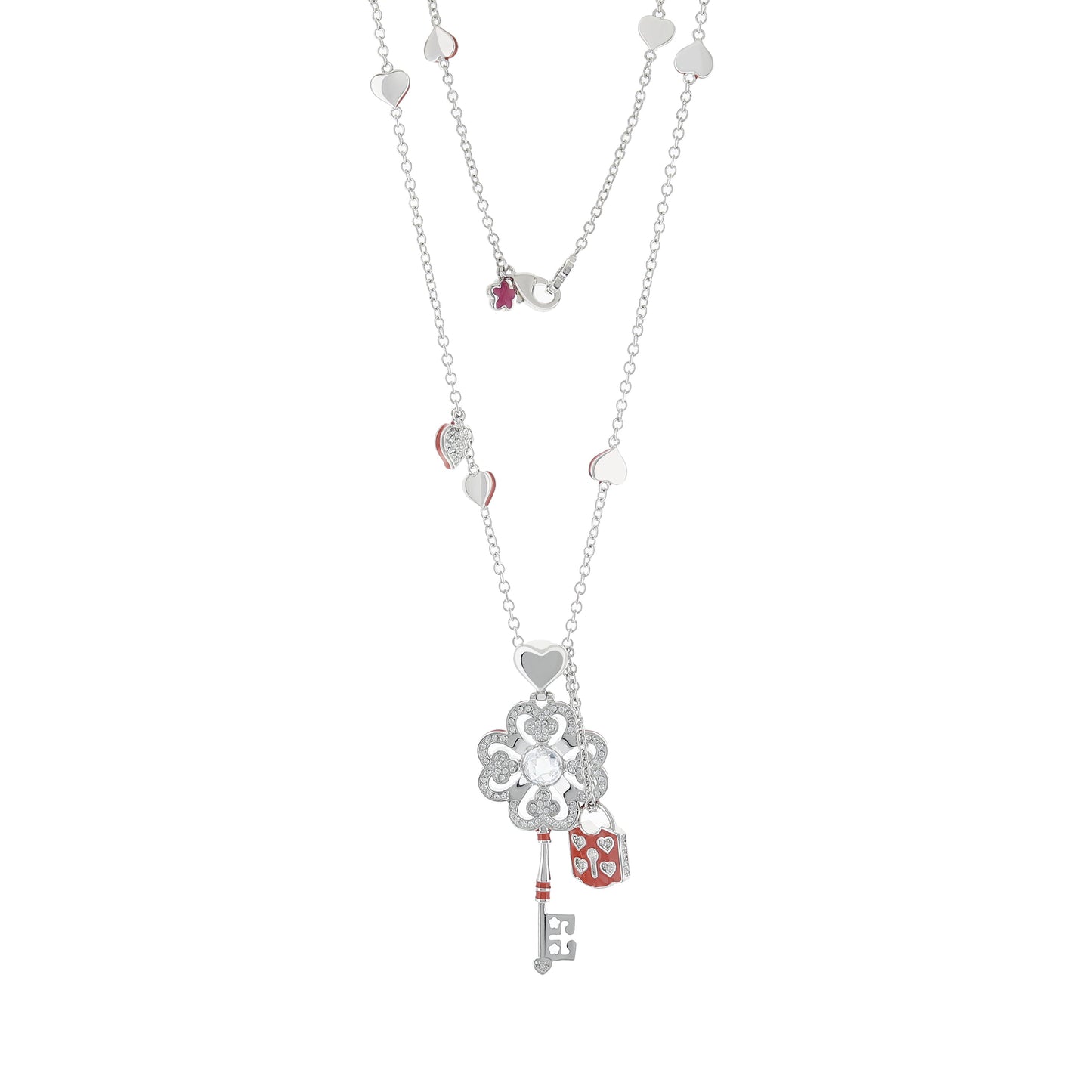 Fun Key Necklace pendant by Lauren G Adams with layered silver chains and heart charms on Tampa Home & Garden Store