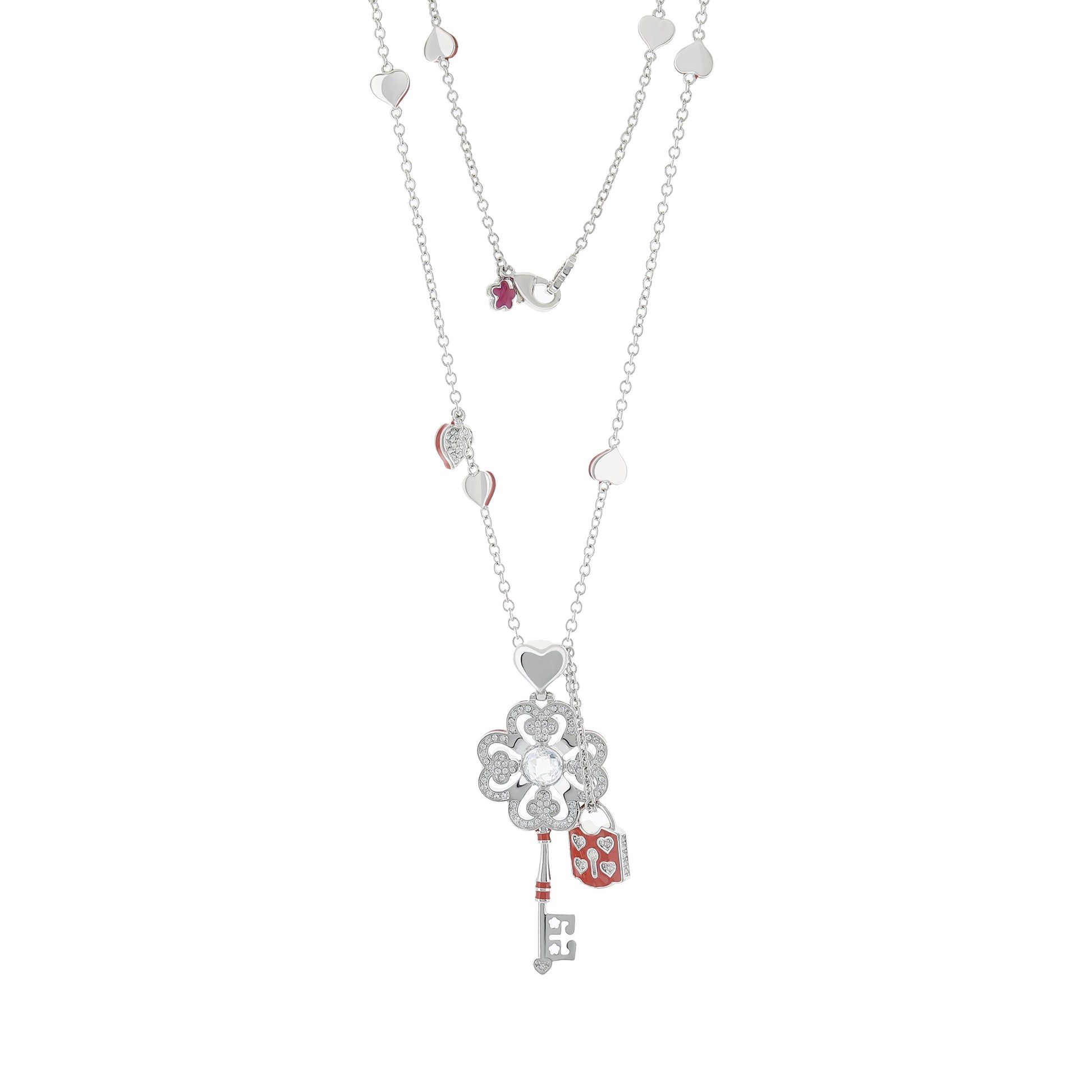 Fun Key Necklace pendant by Lauren G Adams with layered silver chains and heart charms on Tampa Home & Garden Store
