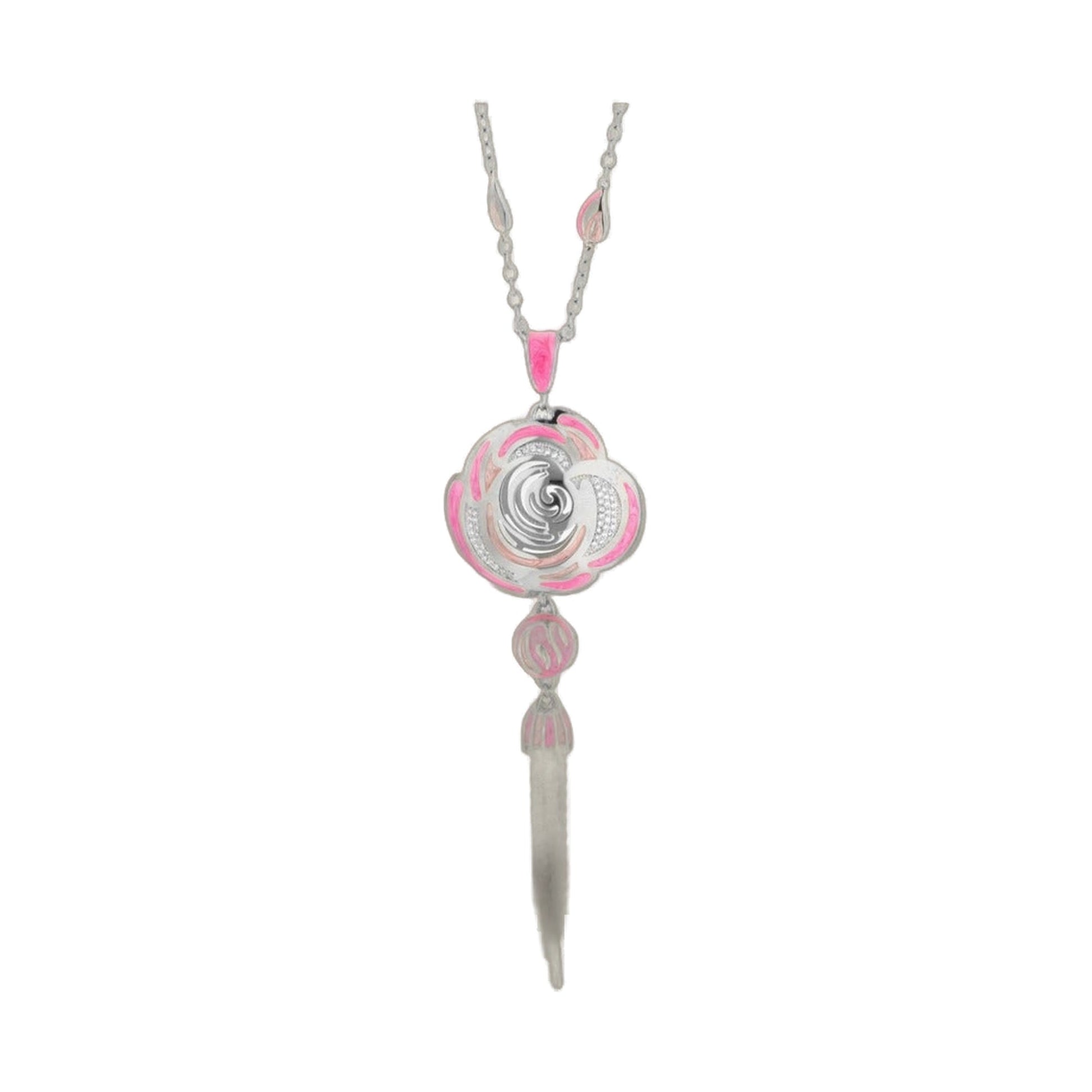 Roses Are Red pendant necklace with pink and silver swirl charm on a silver chain on Tampa Home & Garden Store