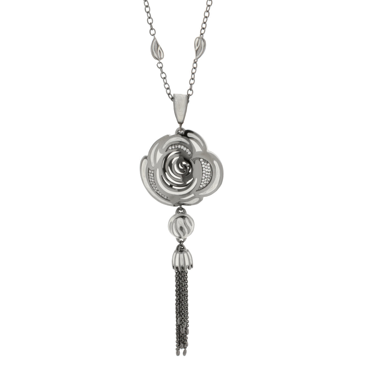 Roses Are Red pendant necklace in silver with rose filigree and drop tassel, Lauren G Adams on Tampa Home & Garden Store