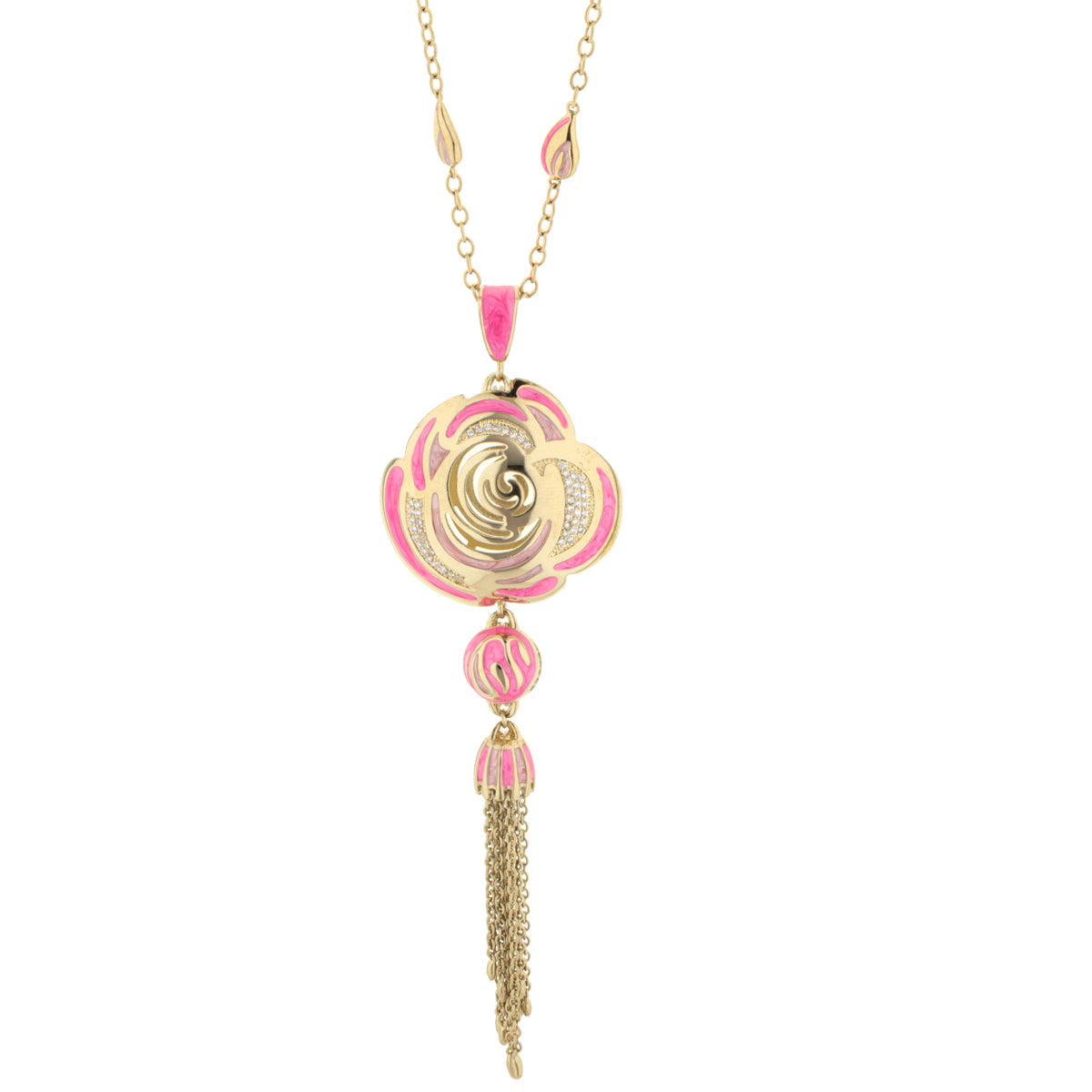 Roses Are Red Pendant Necklace by Lauren G Adams, gold pink enamel rose pendant with crystals on Tampa Home & Garden Store