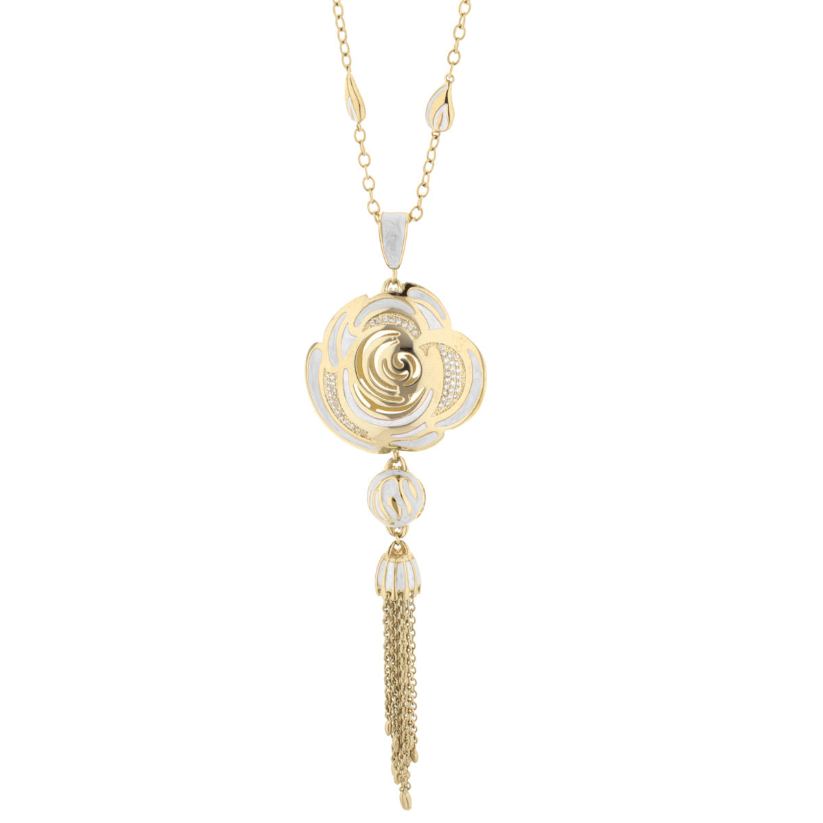Roses Are Red pendant necklace gold-tone with white enamel petals tassel fringe Lauren Adams on Tampa Home & Garden Store