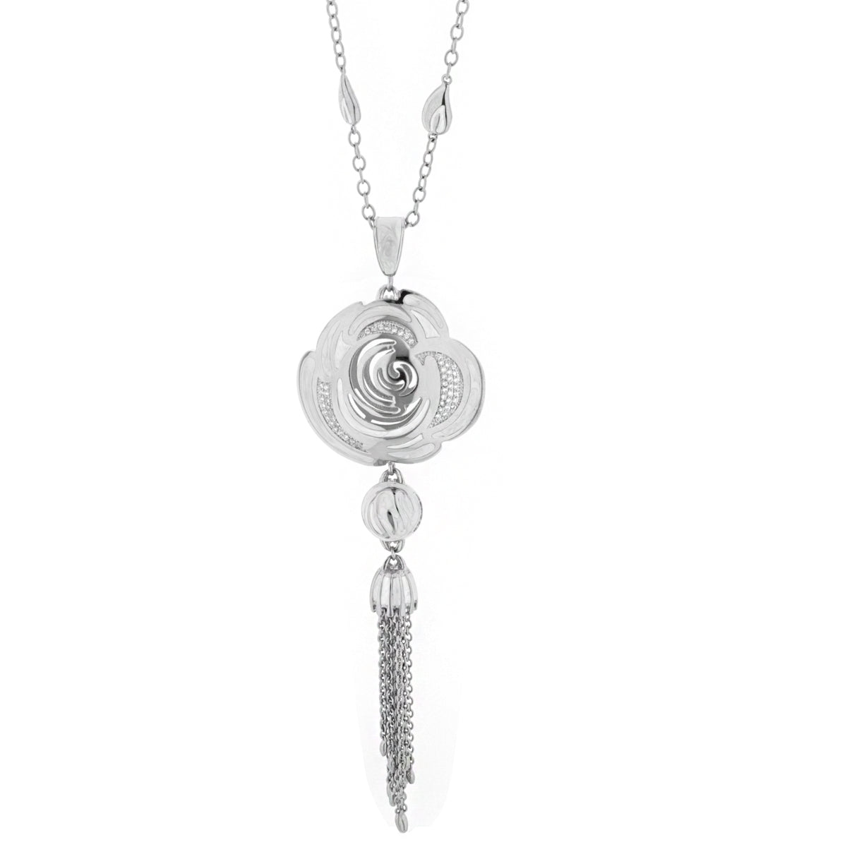 Roses Are Red pendant necklace in silver-tone with a floral rose pendant and tassel drop on Tampa Home & Garden Store